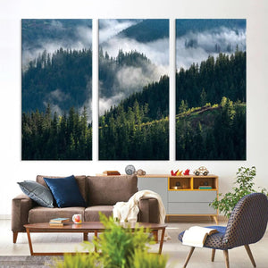 Misty Forest Hills Canvas Wall Art Print – Serene Evergreen