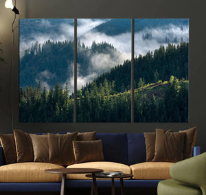Misty Forest Hills Canvas Wall Art Print – Serene Evergreen