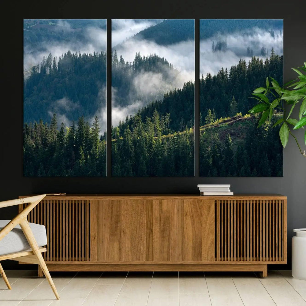 Misty Forest Hills Canvas Wall Art Print – Serene Evergreen