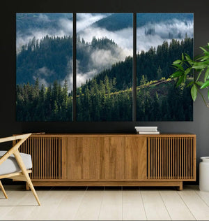 Misty Forest Hills Canvas Wall Art Print – Serene Evergreen