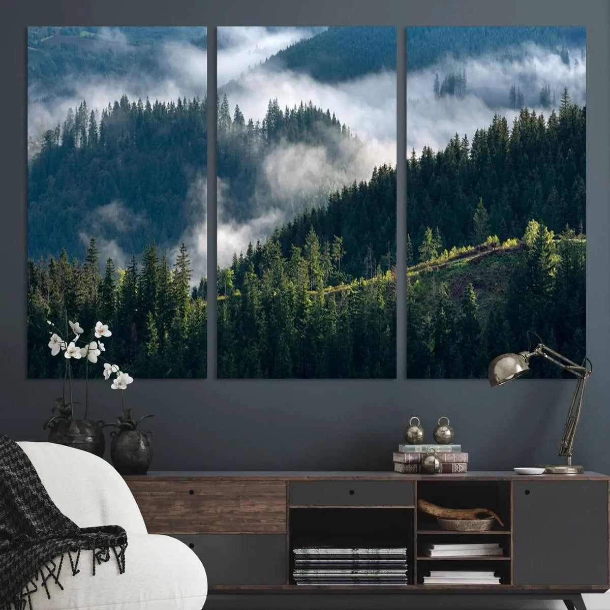 Misty Forest Hills Canvas Wall Art Print – Serene Evergreen