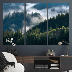 Misty Forest Hills Canvas Wall Art Print – Serene Evergreen