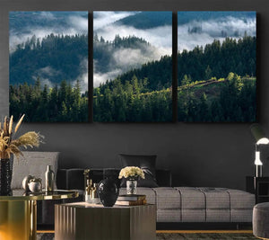Misty Forest Hills Canvas Wall Art Print – Serene Evergreen