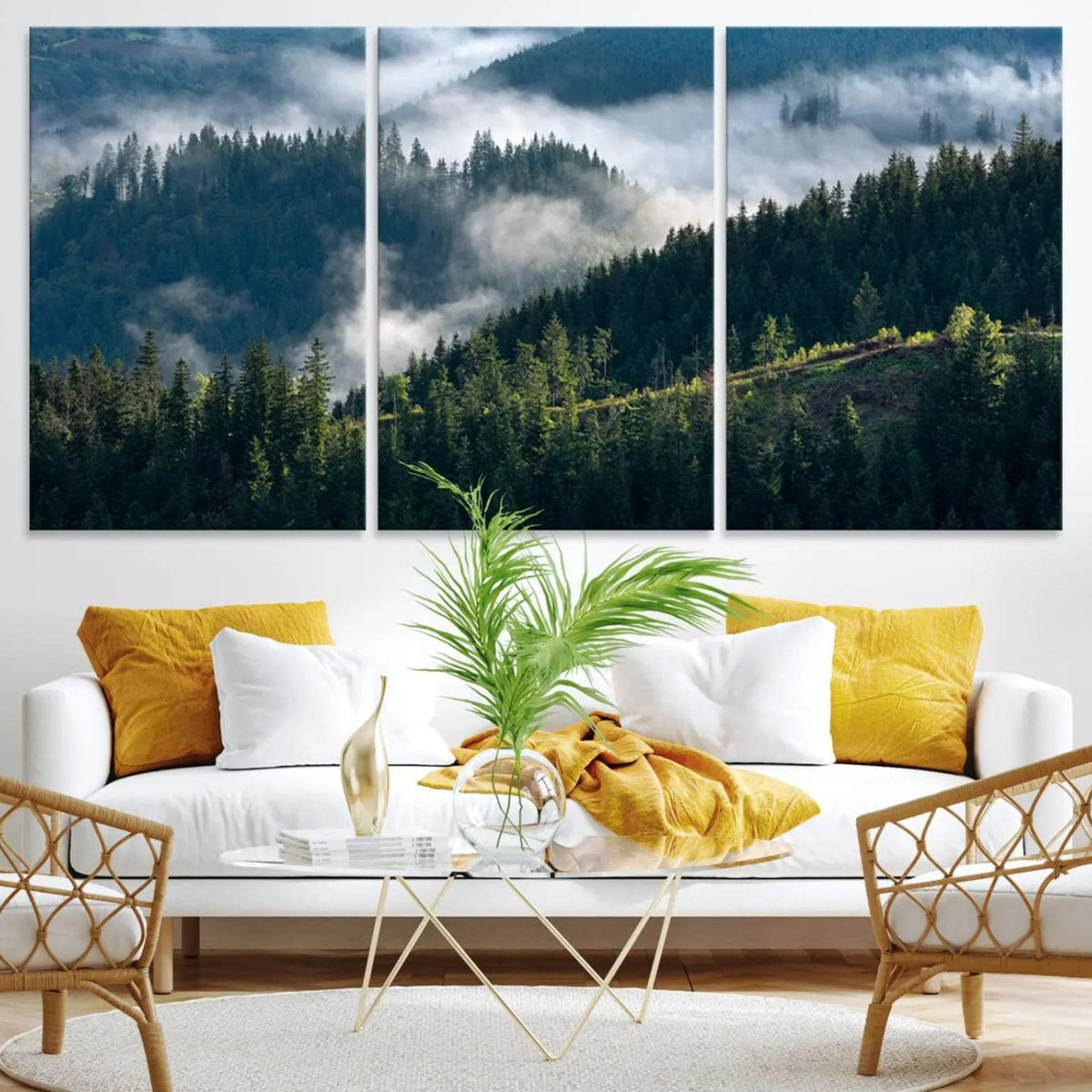 Misty Forest Hills Canvas Wall Art Print – Serene Evergreen