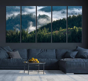 Misty Forest Hills Canvas Wall Art Print – Serene Evergreen