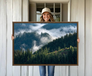 Misty Forest Hills Canvas Wall Art Print – Serene Evergreen