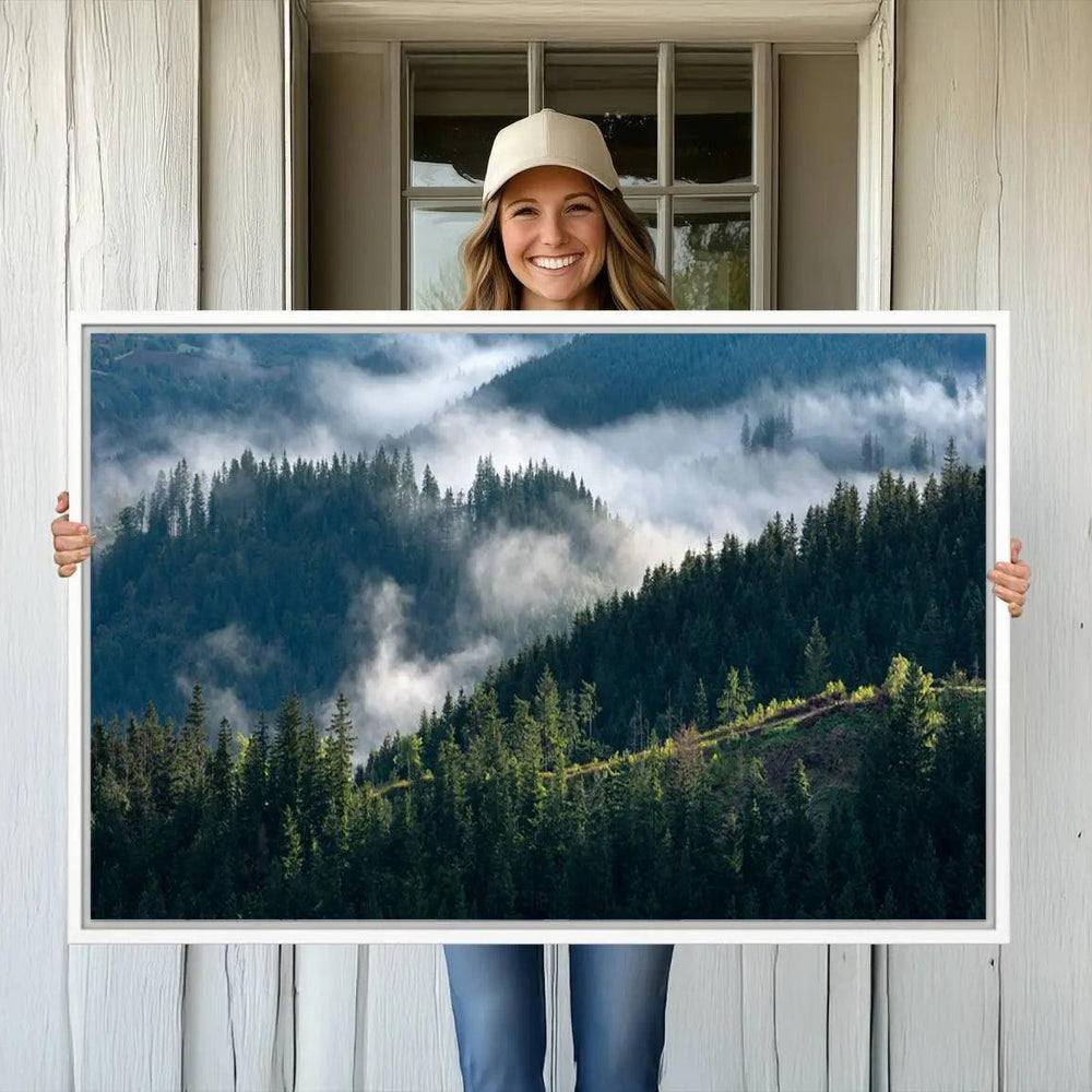 Misty Forest Hills Canvas Wall Art Print – Serene Evergreen