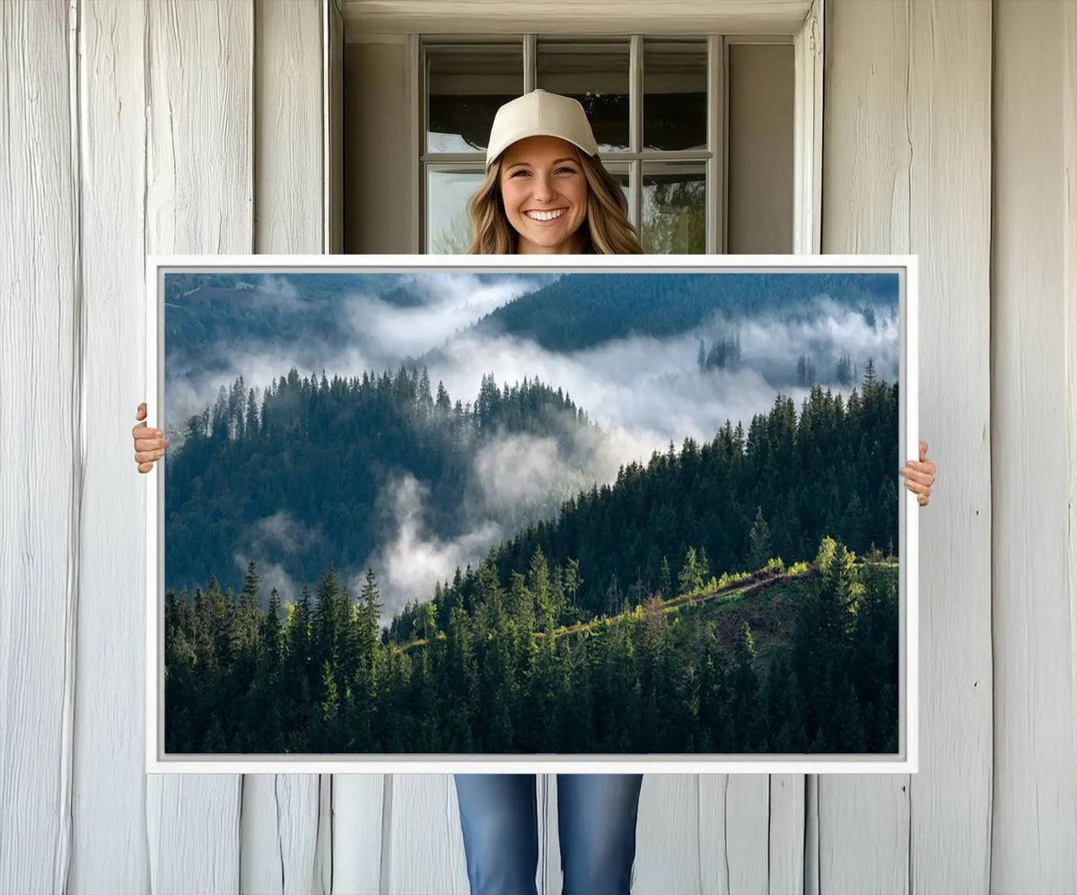 Misty Forest Hills Canvas Wall Art Print – Serene Evergreen