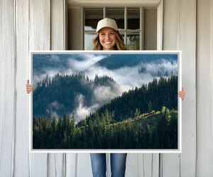 Misty Forest Hills Canvas Wall Art Print – Serene Evergreen