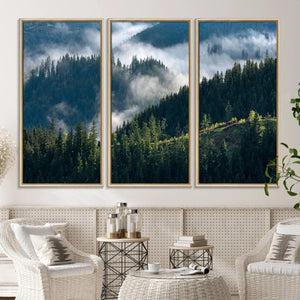Misty Forest Hills Canvas Wall Art Print – Serene Evergreen
