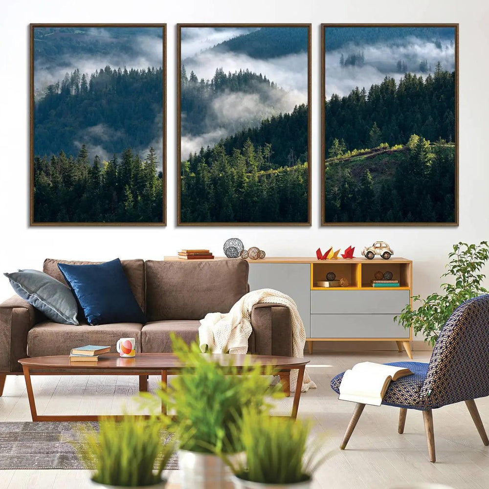 Misty Forest Hills Canvas Wall Art Print – Serene Evergreen