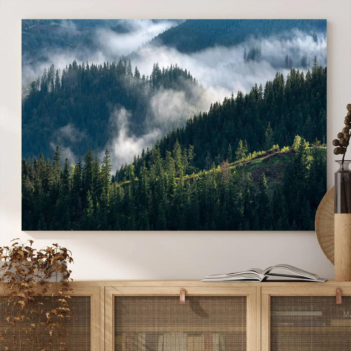 Misty Forest Hills Canvas Wall Art Print – Serene Evergreen
