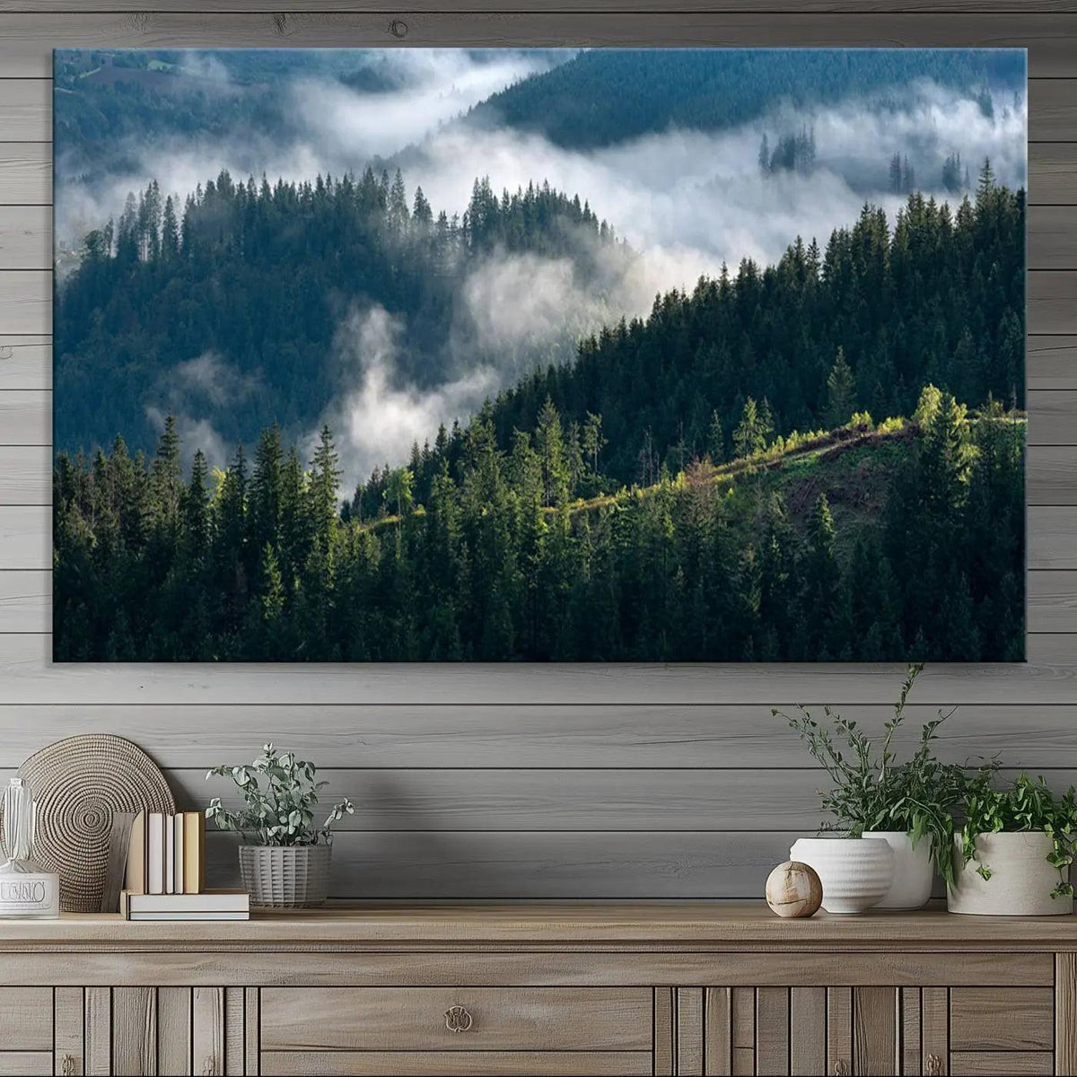 Misty Forest Hills Canvas Wall Art Print – Serene Evergreen