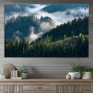 Misty Forest Hills Canvas Wall Art Print – Serene Evergreen