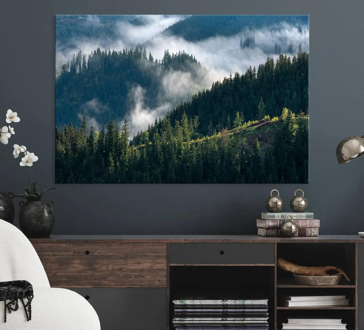 Misty Forest Hills Canvas Wall Art Print – Serene Evergreen