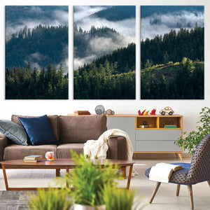 Misty Forest Hills Canvas Wall Art Print – Serene Evergreen