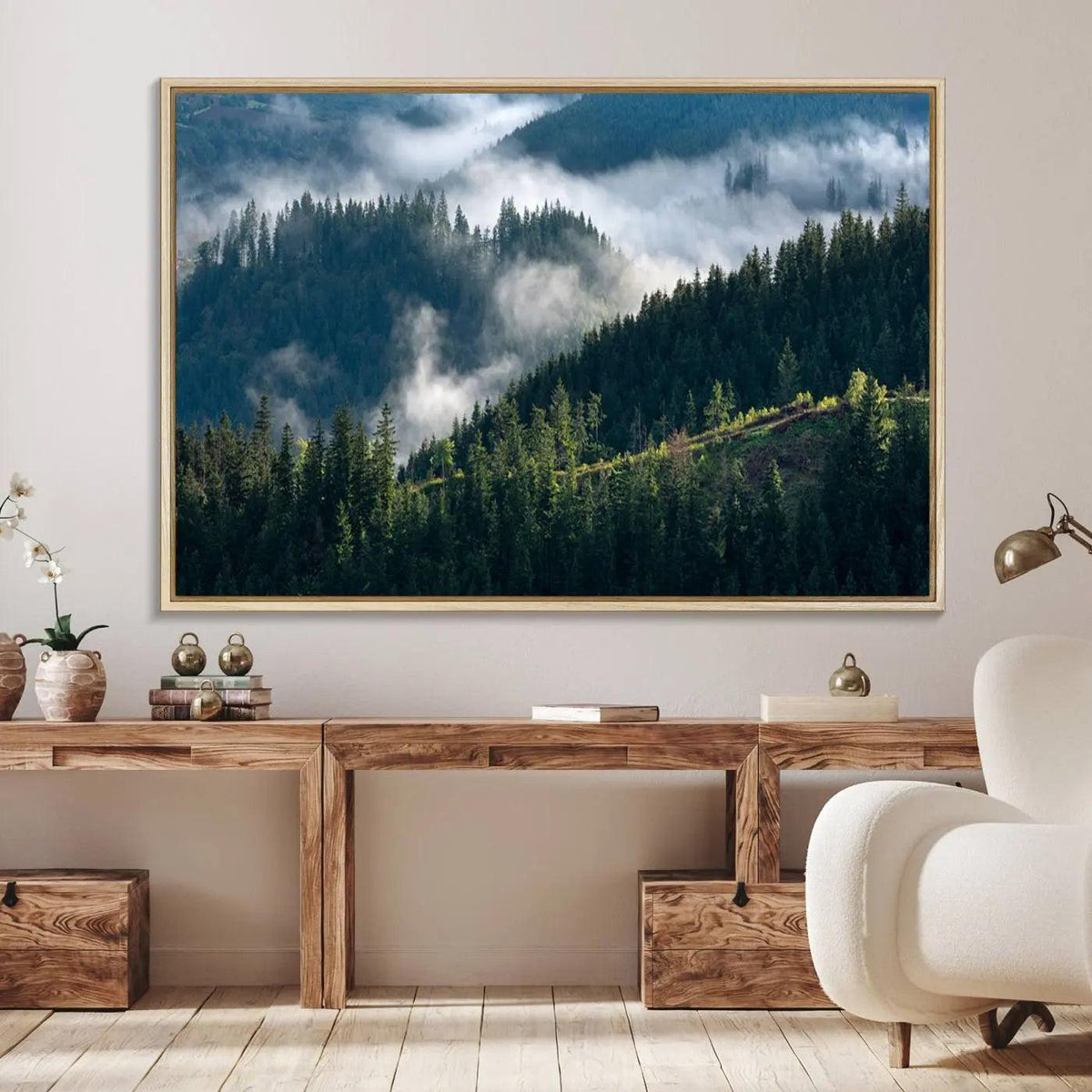 Misty Forest Hills Canvas Wall Art Print – Serene Evergreen