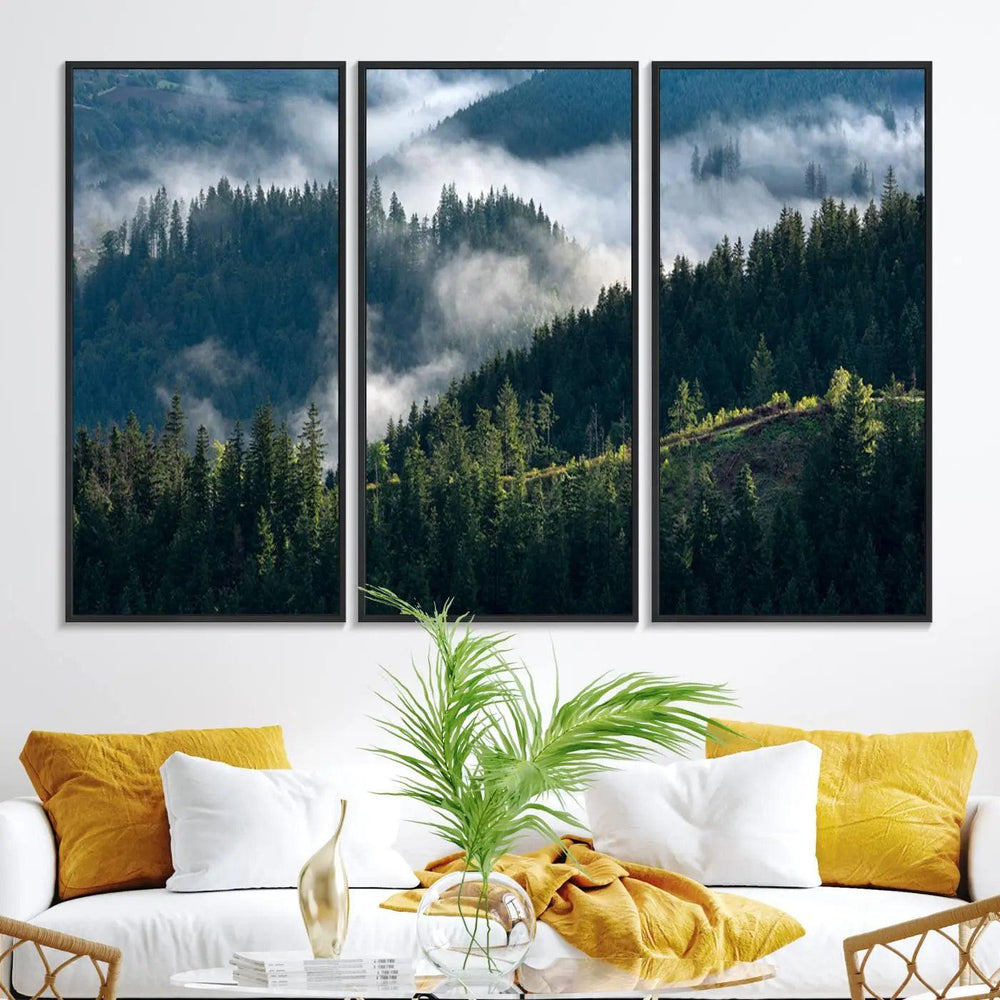 Misty Forest Hills Canvas Wall Art Print – Serene Evergreen