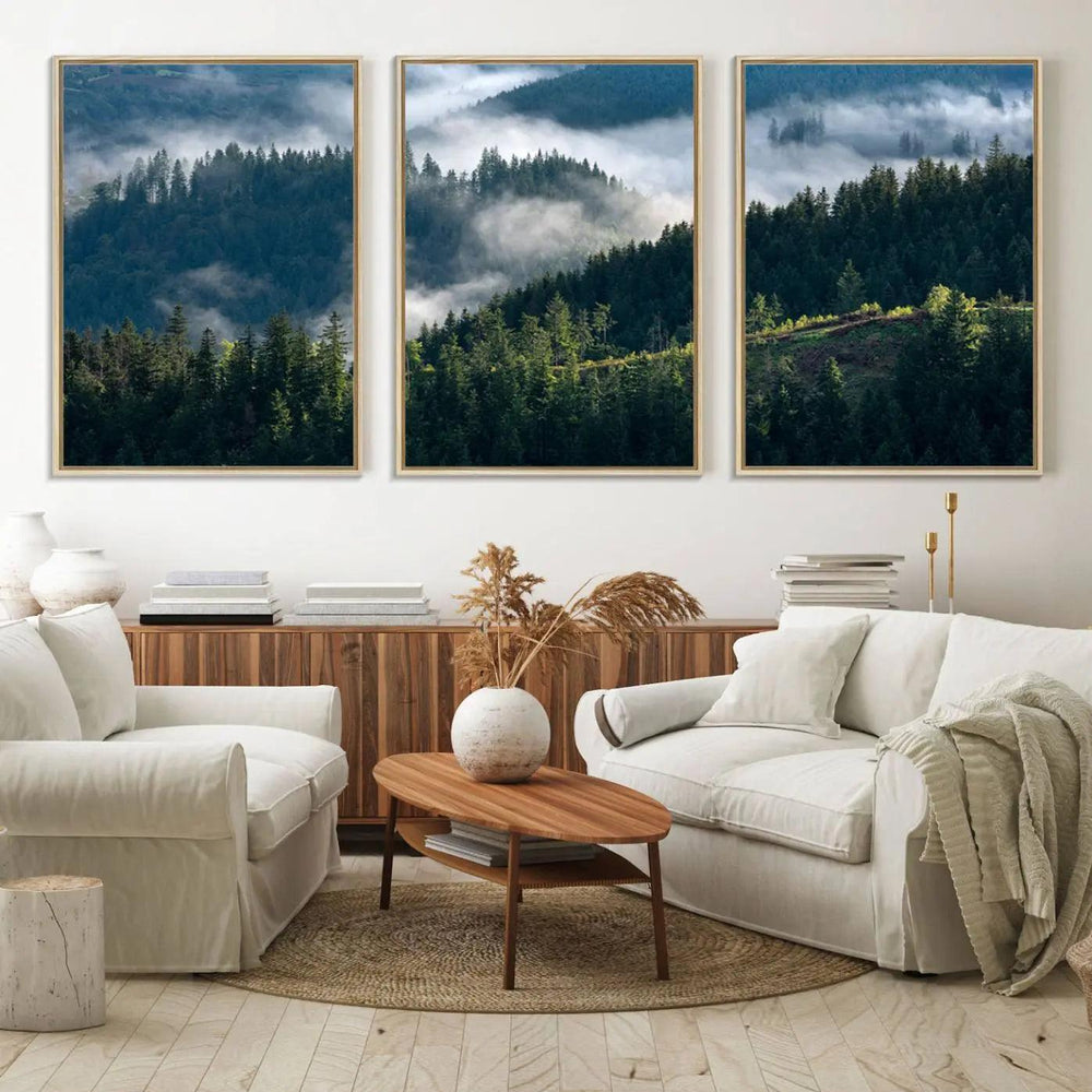 Misty Forest Hills Canvas Wall Art Print – Serene Evergreen