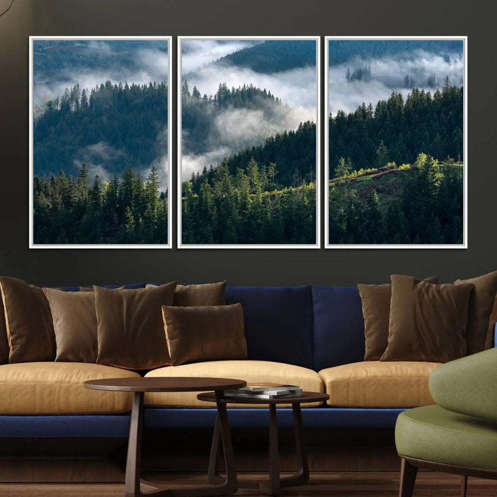 Misty Forest Hills Canvas Wall Art Print – Serene Evergreen