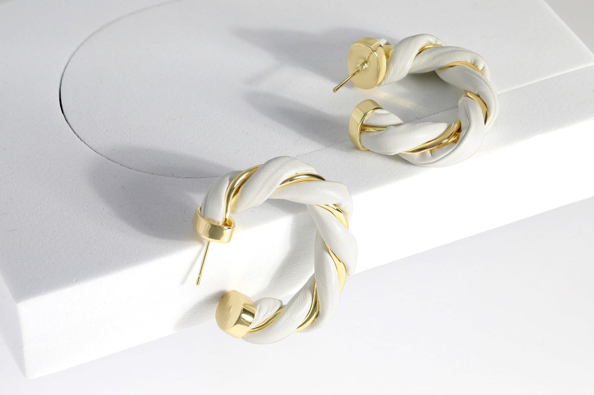 Gold-Plated Twisted Leather Hoop Earrings with Gift Pouch