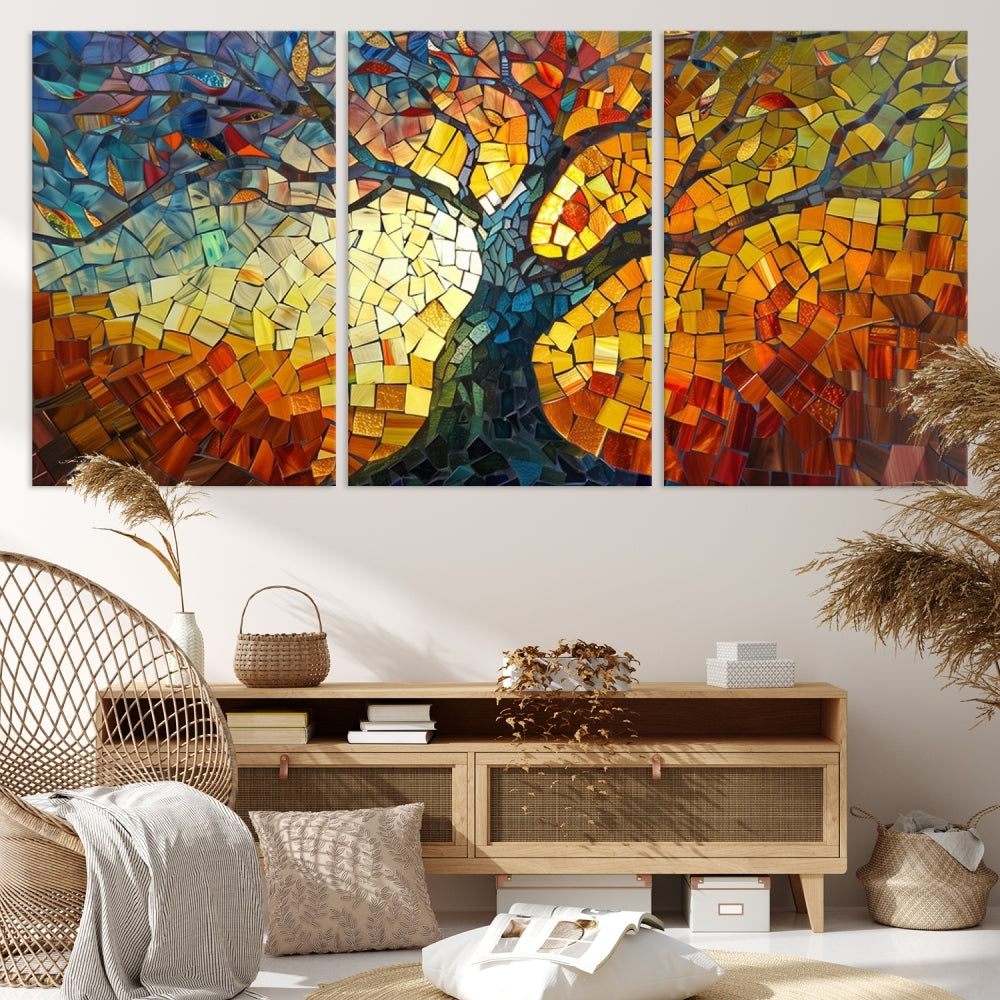 Mosaic Tree Canvas Wall Art – Vibrant Stained Glass-Inspired