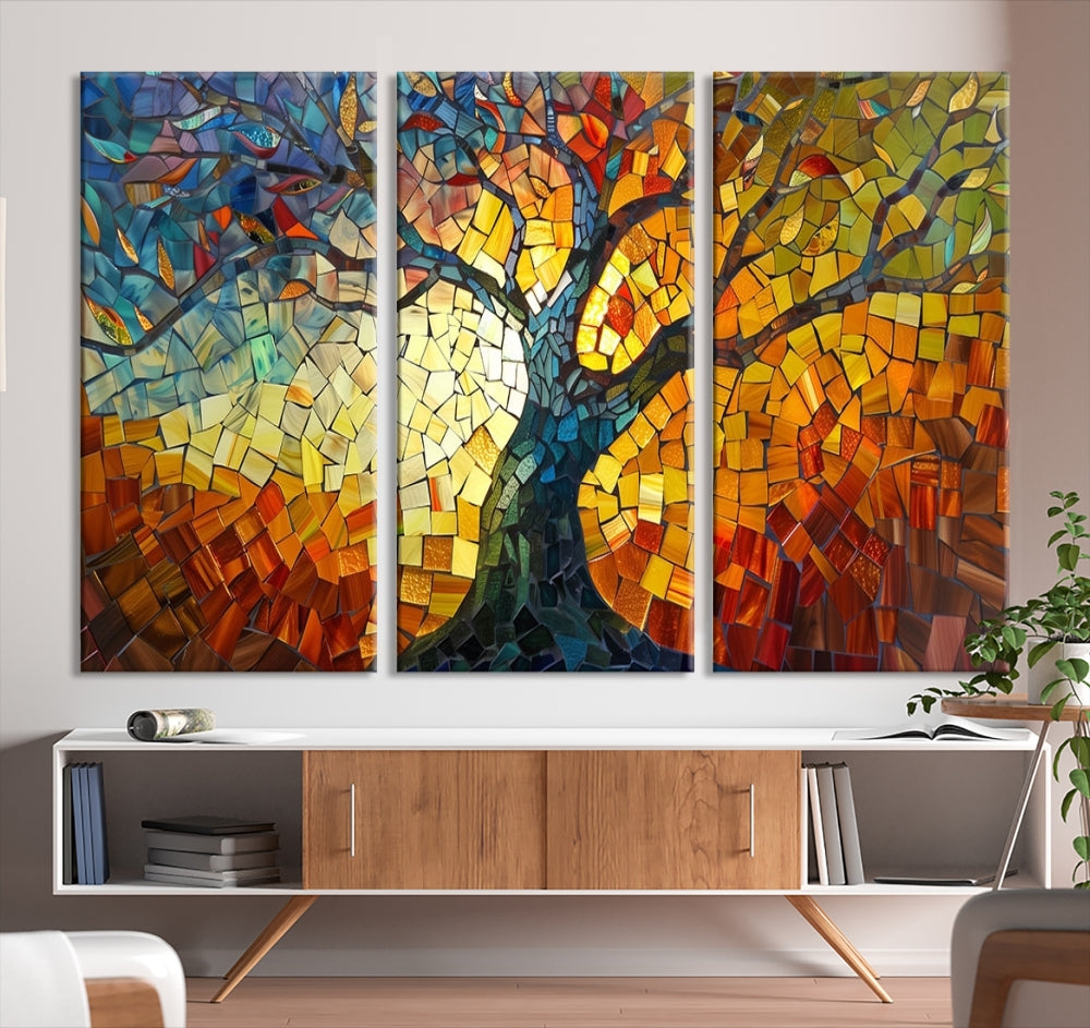 Mosaic Tree Canvas Wall Art – Vibrant Stained Glass-Inspired