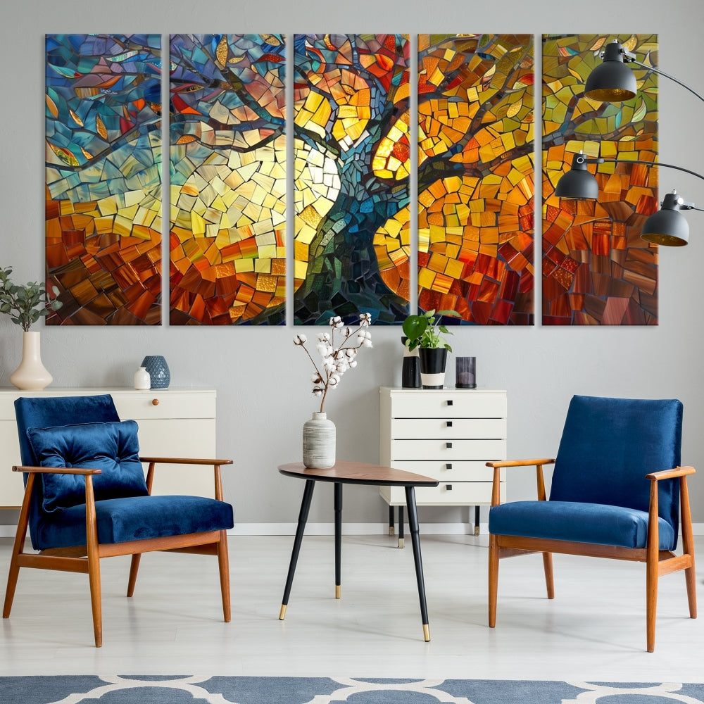Mosaic Tree Canvas Wall Art – Vibrant Stained Glass-Inspired