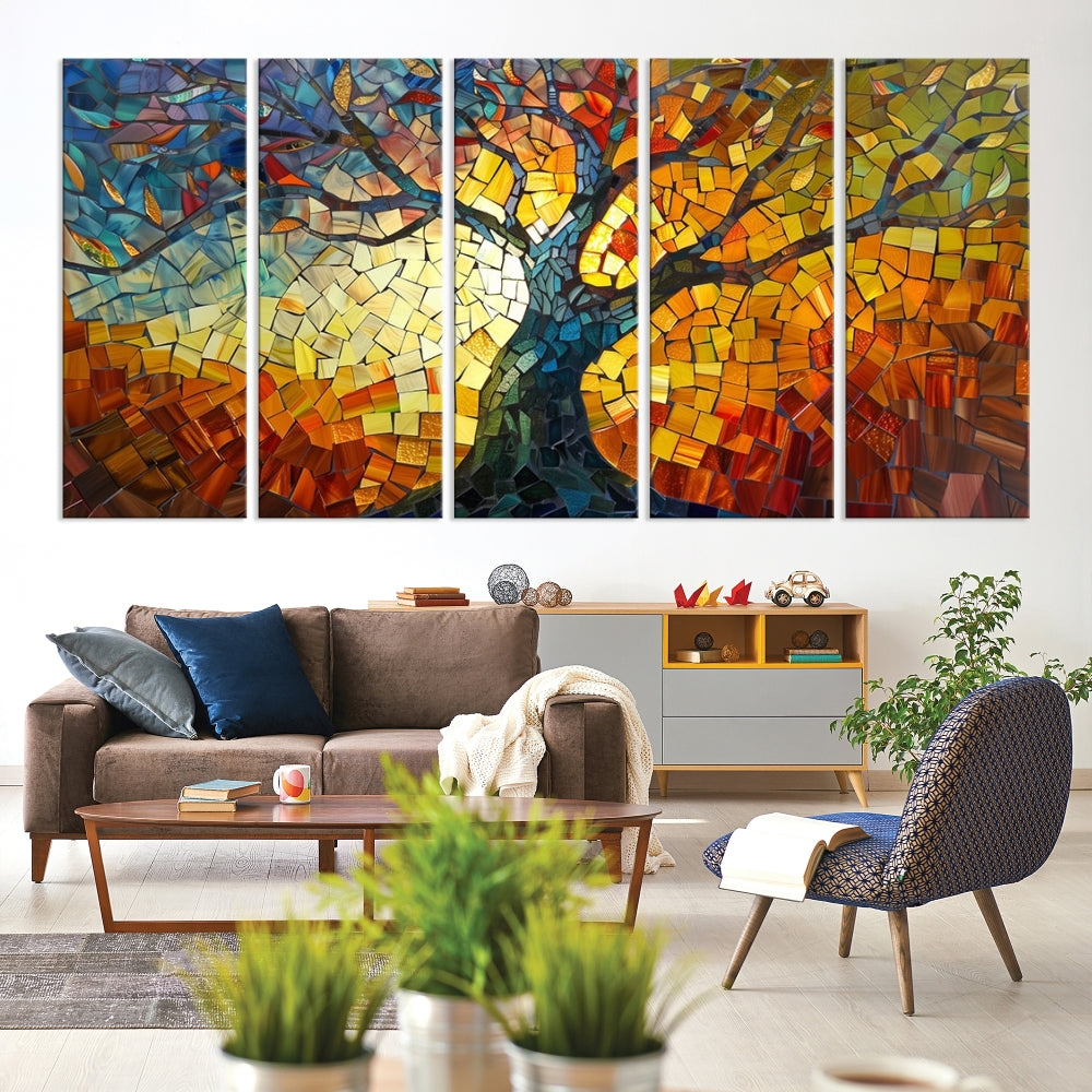 Mosaic Tree Canvas Wall Art – Vibrant Stained Glass-Inspired