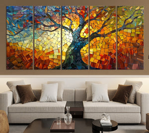 Mosaic Tree Canvas Wall Art – Vibrant Stained Glass-Inspired