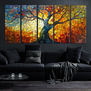 Mosaic Tree Canvas Wall Art – Vibrant Stained Glass-Inspired