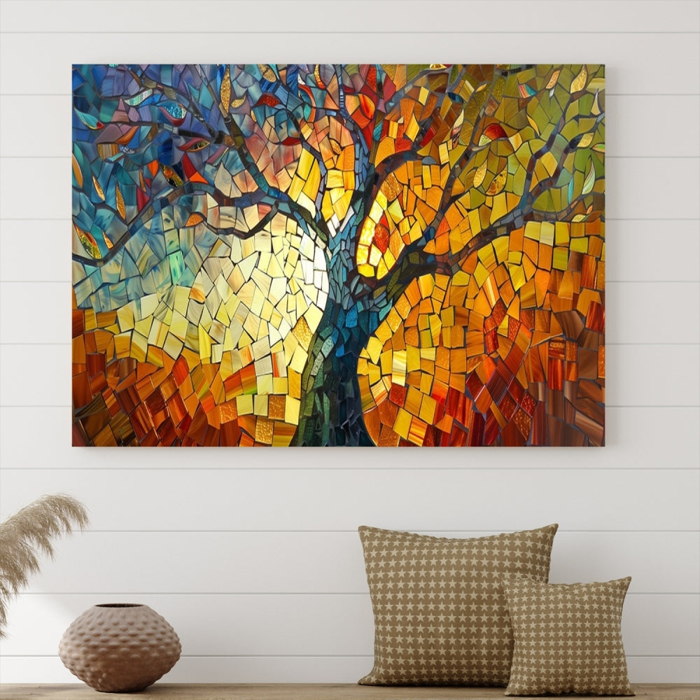 Mosaic Tree Canvas Wall Art – Vibrant Stained Glass-Inspired