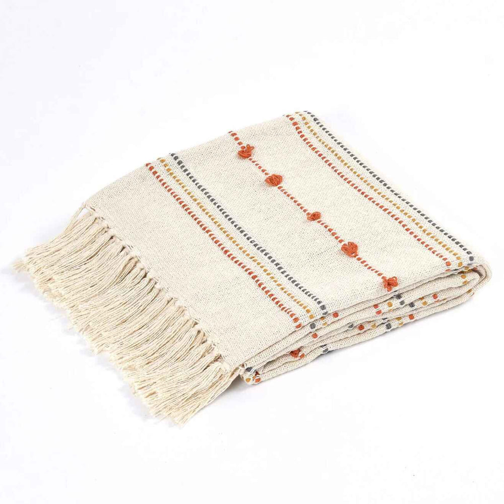 Hand Woven Cream Throw Blanket Striped with Tufts and Tassels