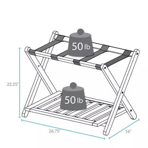 Solid Wood Luggage Rack with Bottom Storage Shelf in Natural with Black Straps