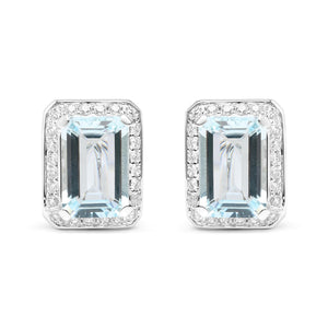 18K White Gold 3/4 Cttw Round Diamond and 13x9mm Emerald Cut Blue Aquamarine Gemstone Halo Omega Stud Earrings (G-H Color, SI1-SI2 Clarity)