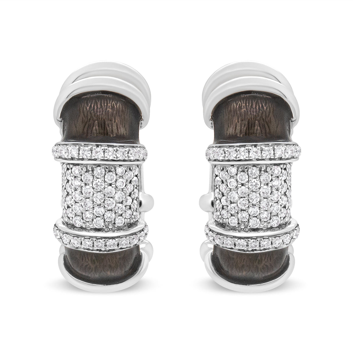 18K White Gold Flash Plated .925 Sterling Silver Clear Graphite Grey Enamel 5/8 Cttw Round Diamonds Huggie Hoop Earrings (F-G Color, VS1-VS2 Clarity)