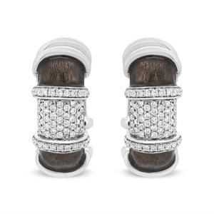 18K White Gold Flash Plated .925 Sterling Silver Clear Graphite Grey Enamel 5/8 Cttw Round Diamonds Huggie Hoop Earrings (F-G Color, VS1-VS2 Clarity)