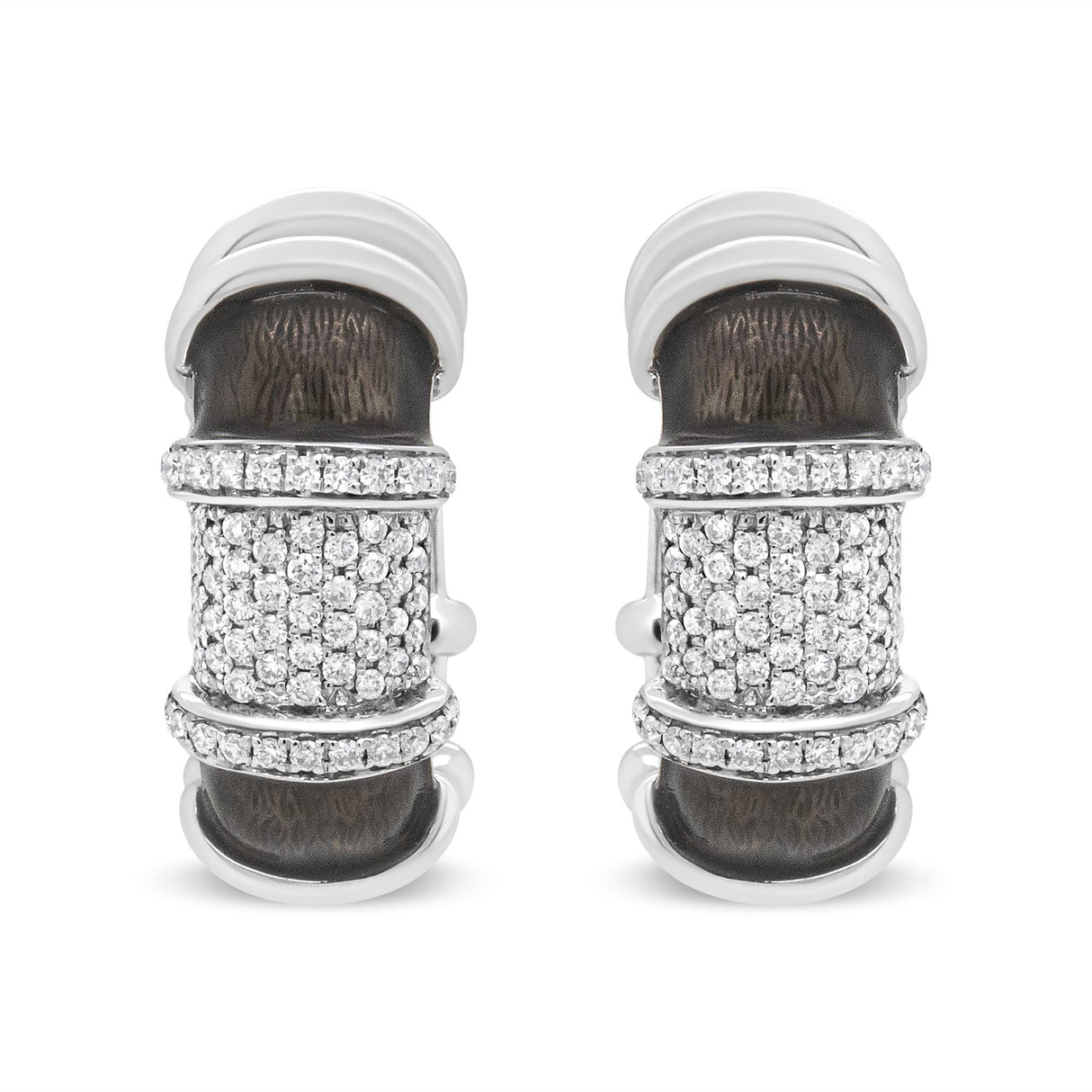 18K White Gold Flash Plated .925 Sterling Silver Clear Graphite Grey Enamel 5/8 Cttw Round Diamonds Huggie Hoop Earrings (F-G Color, VS1-VS2 Clarity)