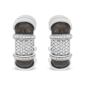 18K White Gold Flash Plated .925 Sterling Silver Clear Graphite Grey Enamel 5/8 Cttw Round Diamonds Huggie Hoop Earrings (F-G Color, VS1-VS2 Clarity)