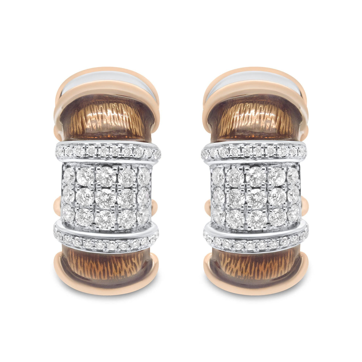 18K White and Rose Gold Flash Plated .925 Sterling Silver Clear Brown Enamel 1/6 Cttw Round Diamond Huggie Hoop Earrings (F-G Color, VS1-VS2 Clarity)