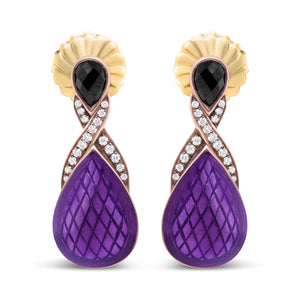 18K Rose Gold Flash Plated .925 Sterling Silver Purple Enamel 1/5 Cttw Round Pave-Set Diamond and 5.5 x 4mm Pear-Shaped Black Onyx Drop Earrings (F-G Color, VS1-VS2 Clarity)