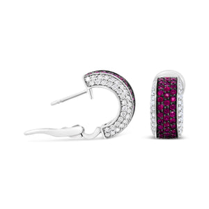 18K White Gold and Black Rhodium Plated 3/4 Cttw Round Diamonds and 1mm Round Red Ruby Huggie Hoop Earrings (F-G Color, VS1-VS2 Clarity)