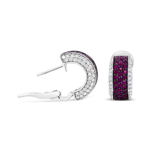 18K White Gold and Black Rhodium Plated 3/4 Cttw Round Diamonds and 1mm Round Red Ruby Huggie Hoop Earrings (F-G Color, VS1-VS2 Clarity)