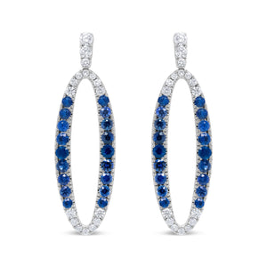 18K White Gold 1.11 Cttw Blue Round Diamond and Blue Sapphire Openwork Oval Shaped Dangle Earrings (F-G Color, VS1-VS2 Clarity)