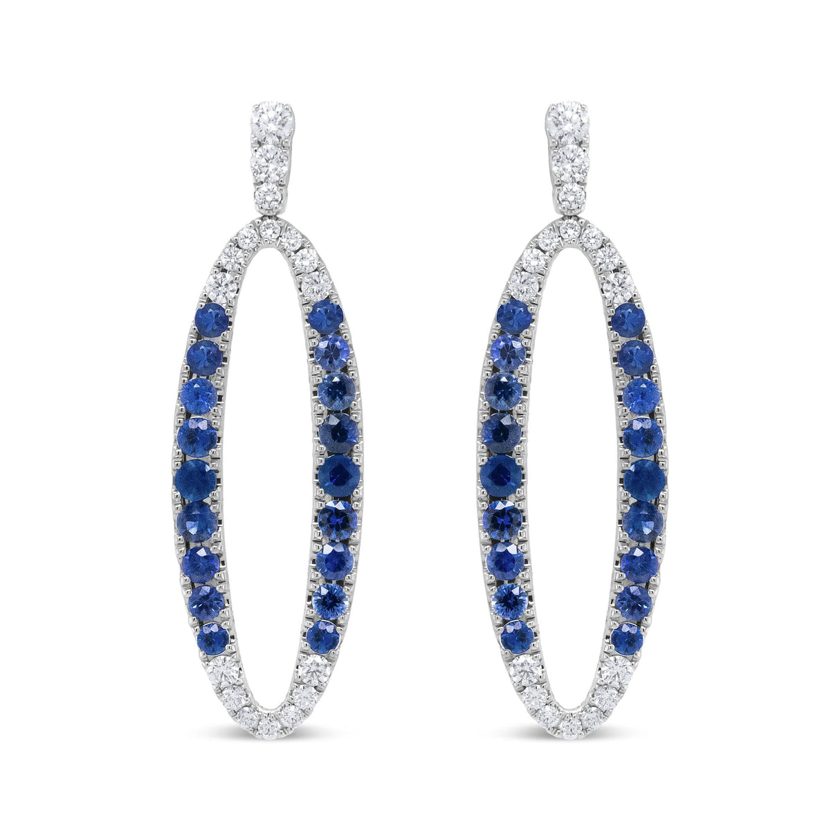 18K White Gold 1.11 Cttw Blue Round Diamond and Blue Sapphire Openwork Oval Shaped Dangle Earrings (F-G Color, VS1-VS2 Clarity)