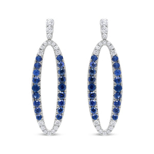 18K White Gold 1.11 Cttw Blue Round Diamond and Blue Sapphire Openwork Oval Shaped Dangle Earrings (F-G Color, VS1-VS2 Clarity)