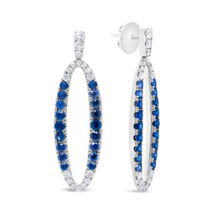18K White Gold 1.11 Cttw Blue Round Diamond and Blue Sapphire Openwork Oval Shaped Dangle Earrings (F-G Color, VS1-VS2 Clarity)