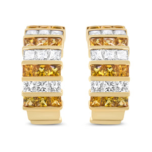 18K Yellow Gold 1 3/4 Cttw Invisible Set Princess Cut Diamond and 2.5mm Yellow Sapphire Huggie Hoop Earrings (F-G Color, VS1-VS2 Clarity)