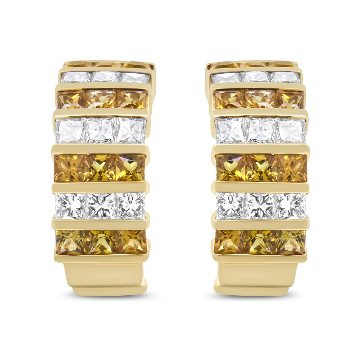 18K Yellow Gold 1 3/4 Cttw Invisible Set Princess Cut Diamond and 2.5mm Yellow Sapphire Huggie Hoop Earrings (F-G Color, VS1-VS2 Clarity)