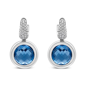 18K White Gold Bezel Set 11mm Blue Topaz and 1/2 Cttw Invisible Set Diamond Bale Dangle Earrings (F-G Color, VS1-VS2 Clarity)